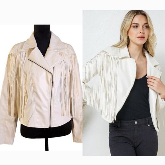 Blue B Jackets & Blazers - BLUE B White Moto Fringe Jacket, Size Large